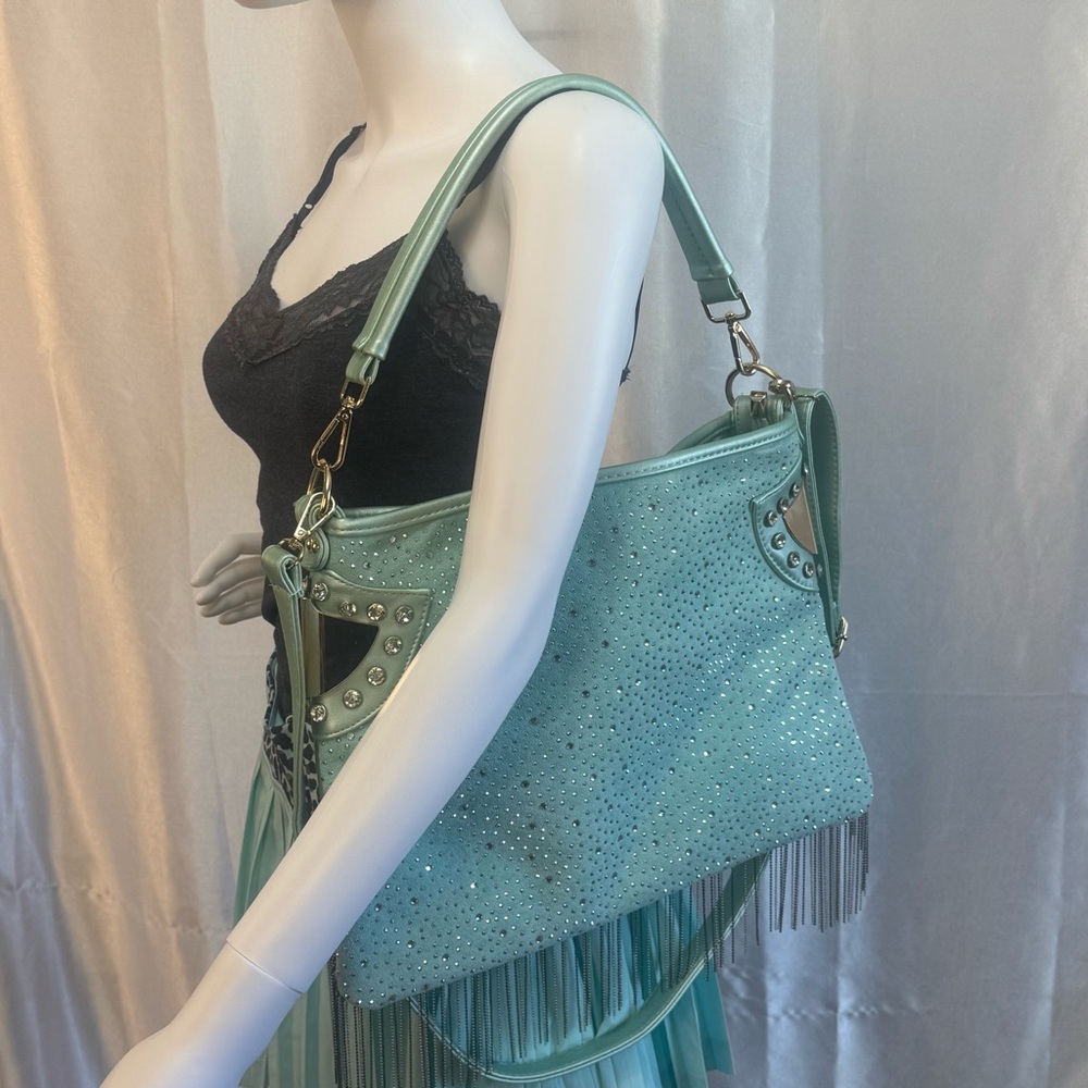 NWOT Handbag Express Aqua Hobo Shoulder Crossbody Bag with Fringe and Rhinestone